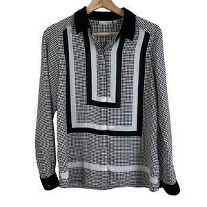 Halogen Black White Semi Sheer Button Down Top Geometric Print Dot Blouse XS